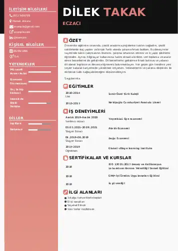 Eczacı CV Örnekleri cv indir